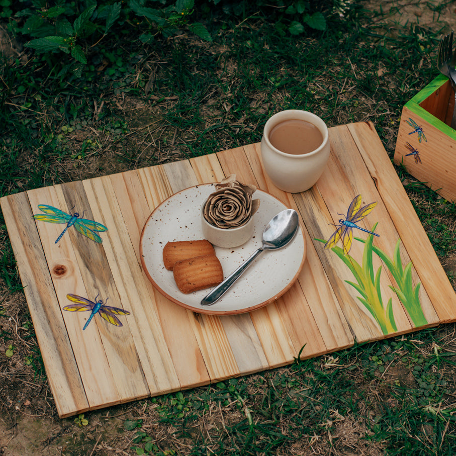 Dancing Dragonfly Place Mat | Natural Reclaimed Wood | Foldable | Stain-Proof | Multipurpose | Scrapshala