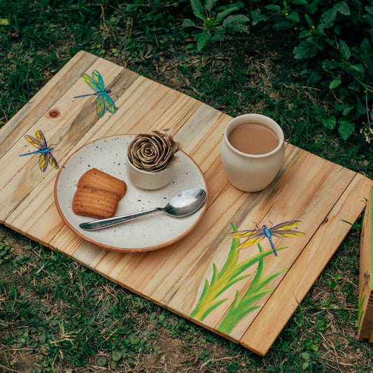 Dancing Dragonfly Place Mat | Natural Reclaimed Wood | Foldable | Stain-Proof | Multipurpose | Scrapshala