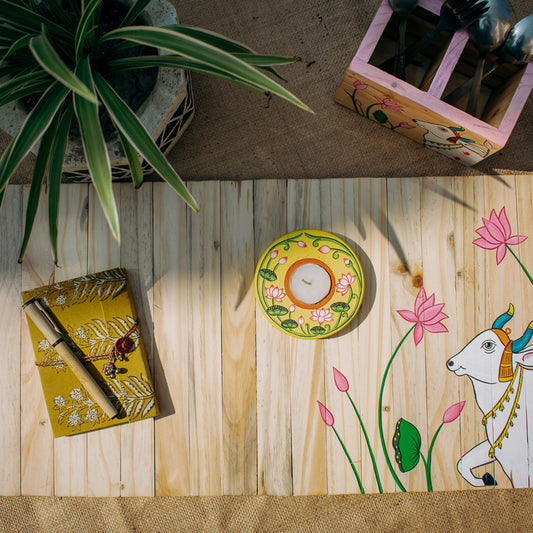 Pichwai Art Multipurpose Runner | Natural Reclaimed Wood | Foldable | Stain-Proof | Scrapshala