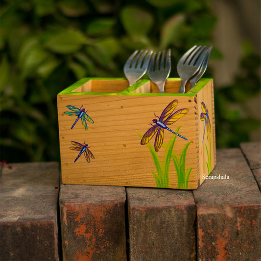 Dragonfly Wooden Cutlery Holder | Handmade Multipurpose Table Organizer | ScrapShala