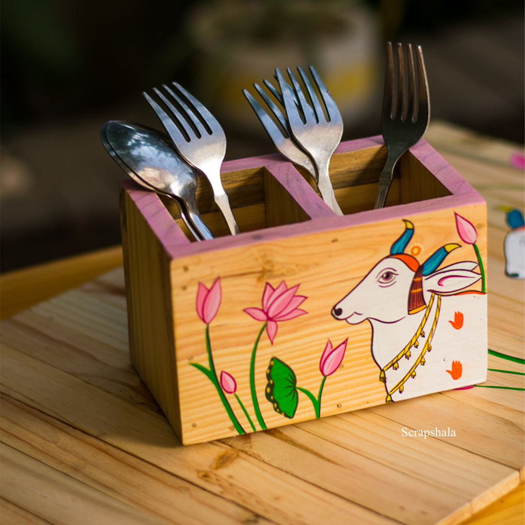 Pichwai Cow Cutlery Holder | Salvage | Multipurpose | Natural Pine | Scrapshala