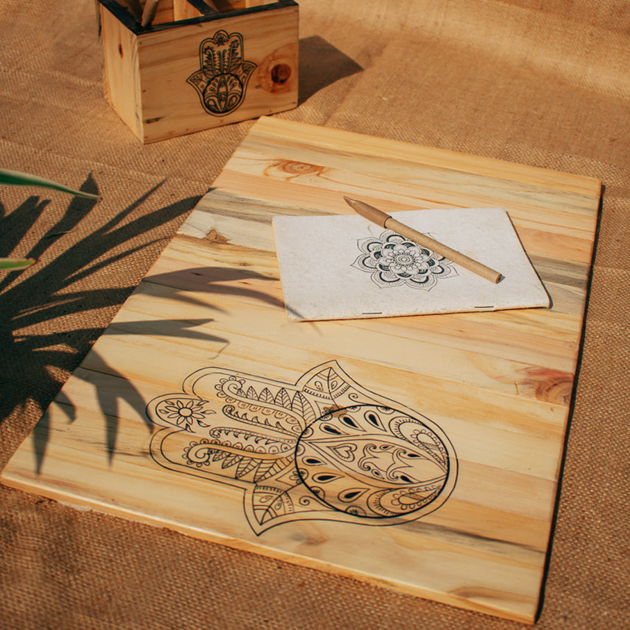 Hamsa Table Place Mat | Natural Reclaimed Wood | Foldable | Stain-Proof | Multipurpose | Scrapshala