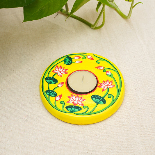 Yellow Pichwai Candle Holder | Ethnic Hand-Painted Wooden Tea Light Stand | Handcrafted Home, Hotel & Pooja Ghar Décor by Scrapshala
