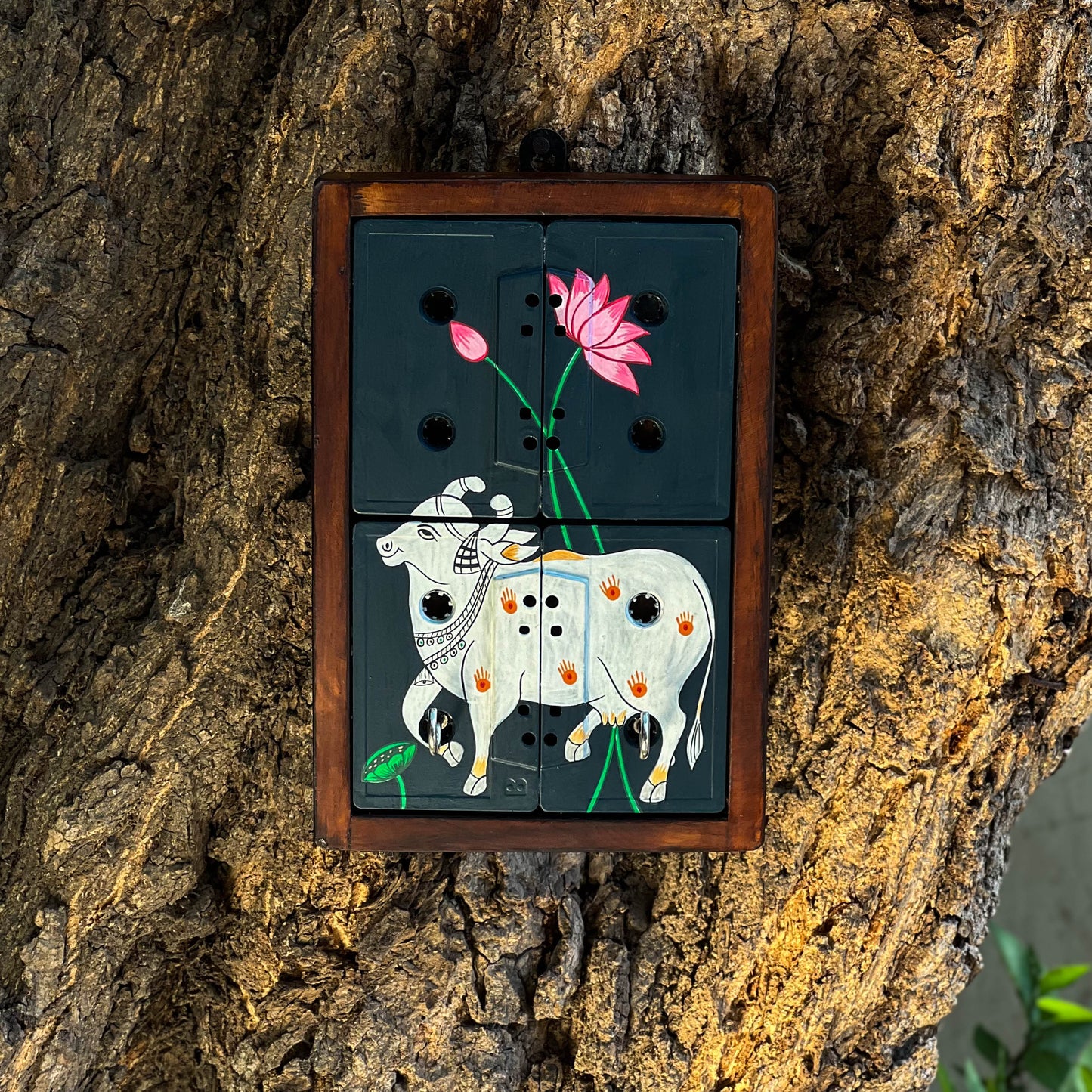 Pichwai Nandi Art Geet Key Holder | Handpainted Upcycled Wall Key Holder | ScrapShala