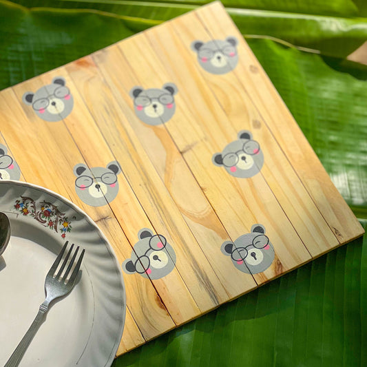 Healthy Bear Place Mat | Multipurpose | Foldable | Stain-Proof | Natural Reclaimed Wood | Scrapshala