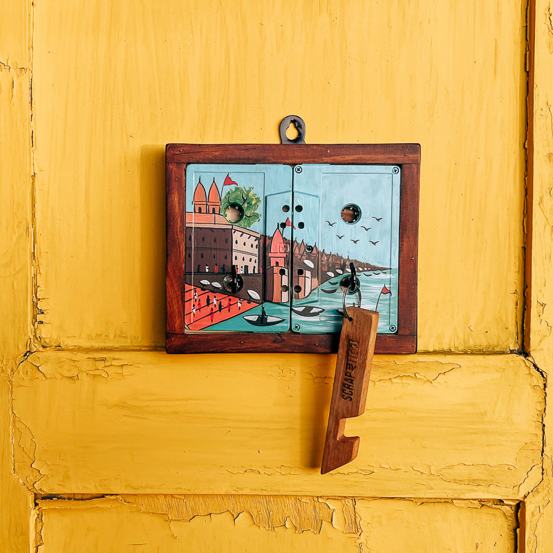 Ghats of Banaras Key Holder | 2 Key Hooks | Handpainted | Upcycled Audio Cassette | Scrapshala