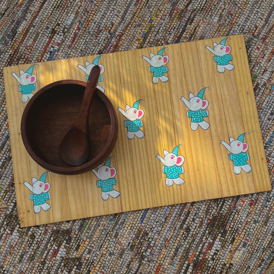 Dancing Elephant Place Mat | Multipurpose | Natural Reclaimed Wood | Foldable | Stain-Proof | Light Weight | Scrapshala