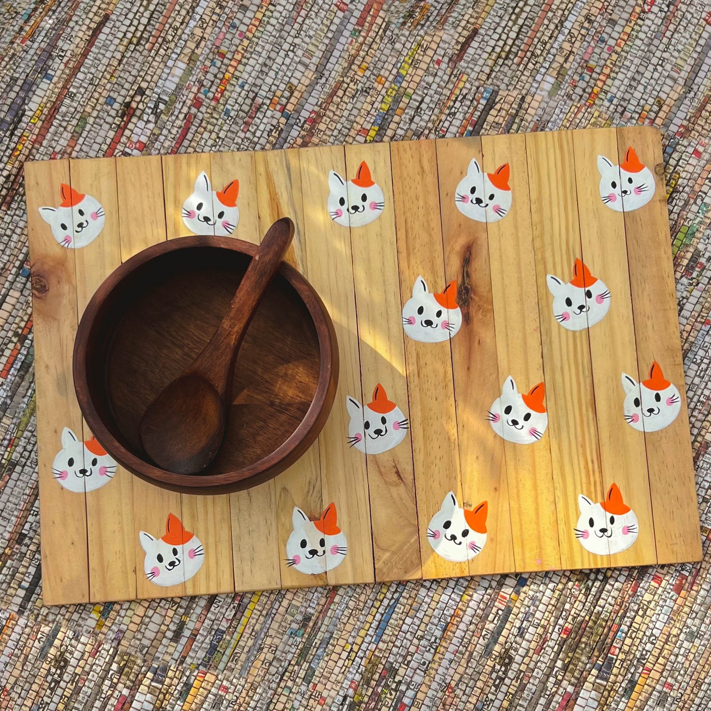 Cute Catty Place Mat | Multipurpose | Natural Reclaimed Wood | Foldable | Stain-Proof | Scrapshala