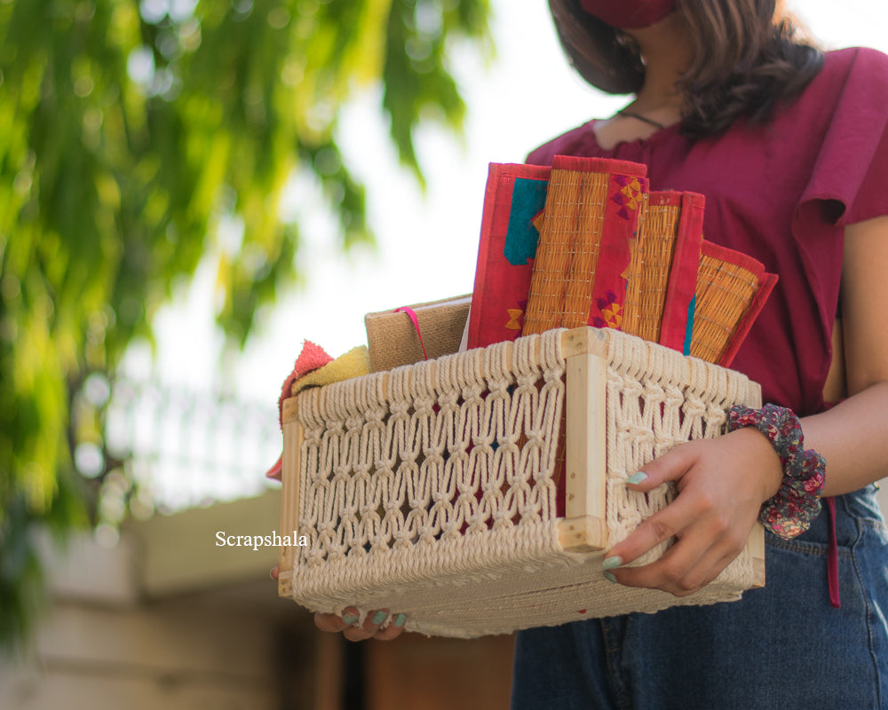 Handcrafted Macramé Storage Basket | Sustainable Home Organizer | Reclaimed Wood & Cotton | Scrapshala