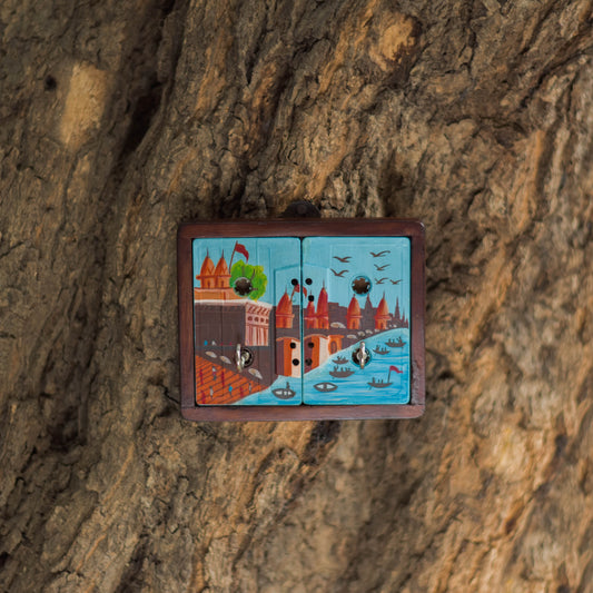 Ghats of Banaras Key Holder | 2 Key Hooks | Handpainted | Upcycled Audio Cassette | Scrapshala