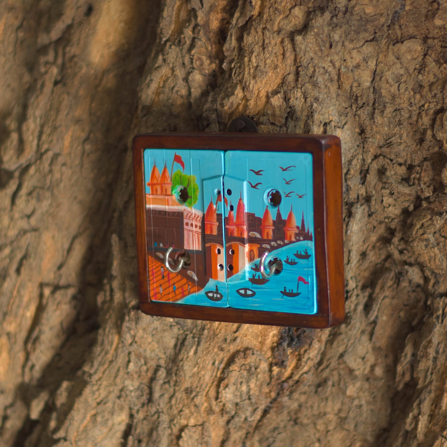 Ghats of Banaras Key Holder | 2 Key Hooks | Handpainted | Upcycled Audio Cassette | Scrapshala
