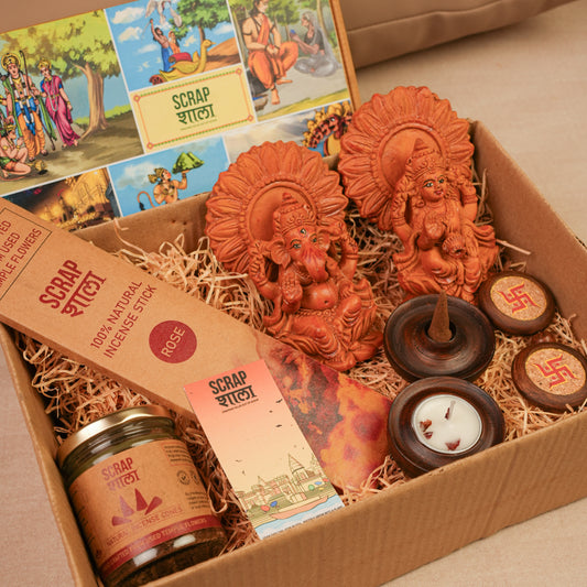 Vandana Diwali Gift Hamper | Complete Pooja Hamper with Terracotta Ganesh Laxmi Idol, Incense, Swastik Décor, Dhoop & Wooden T-Light | Sustainable & Handcrafted in Banaras