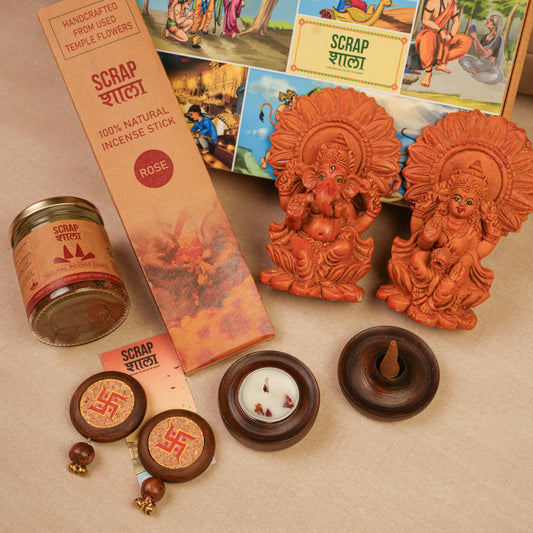 Vandana Diwali Gift Hamper | Complete Pooja Hamper with Terracotta Ganesh Laxmi Idol, Incense, Swastik Décor, Dhoop & Wooden T-Light | Sustainable & Handcrafted in Banaras