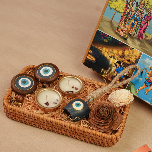 Nazar Jyoti Diwali Gift Hamper | Evil Eye Door Hanging Pair, Bell Hanging & Gold Soy Wax Candles | Eco-Friendly Sustainable Hamper Handcrafted in Banaras