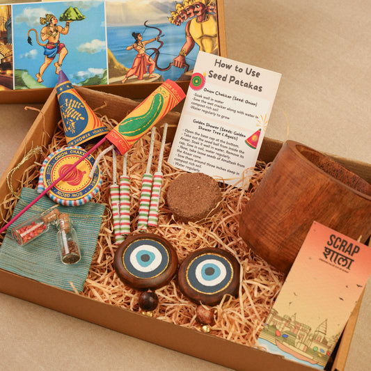 Prakriti Raksha Diwali Gift Hamper | Reclaimed Wood Planter, Plantable Seed Crackers, Seed Jars, Cocopeat & Evil Eye Décor | Sustainable Hamper Handcrafted in Banaras