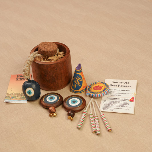 Samriddhi Diwali Gift Hamper | Evil Eye Décor with Door Hanging & Bell, Wooden Planter with Cocopeat, Plantable Seed Crackers | Sustainable & Handcrafted in Banaras