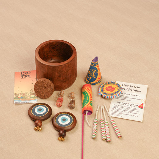 Prakriti Raksha Diwali Gift Hamper | Reclaimed Wood Planter, Plantable Seed Crackers, Seed Jars, Cocopeat & Evil Eye Décor | Sustainable Hamper Handcrafted in Banaras