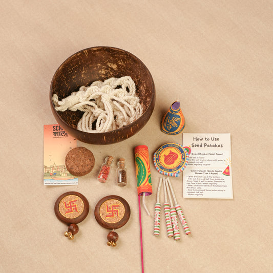 Prakriti Diwali Gift Hamper | Coconut Shell Hanging Planter with Macramé, Seed Jars, Plantable Seed Crackers, Cocopeat & Natural Wood Swastik Décor | Sustainable & Handcrafted in Banaras