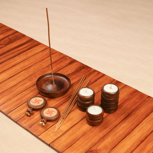 Sajavat Diwali Gift Hamper | Wooden Foldable Runner, Stackable Spiral Tea Light Holders, Swastik Door Hanging & Agarbatti Stand | Sustainable & Handcrafted in Banaras
