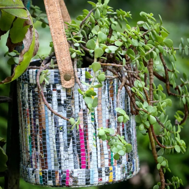 Multipurpose Basket | Cork handle for hanging | Upcycled magazine paper textile | Handloomed by hand | Scrapshala