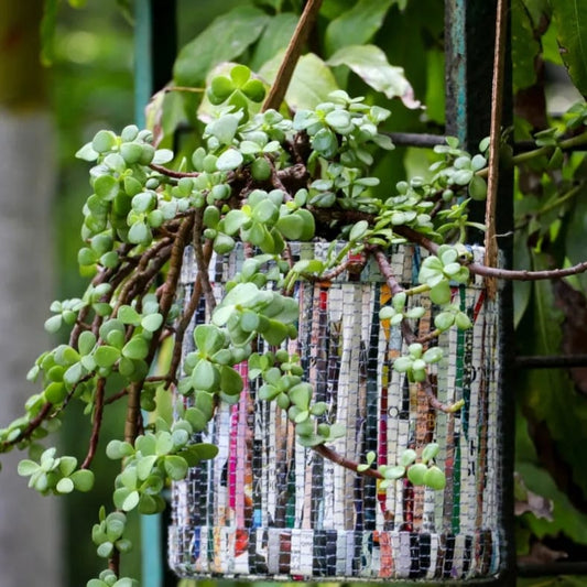 Multipurpose Basket | Cork handle for hanging | Upcycled magazine paper textile | Handloomed by hand | Scrapshala
