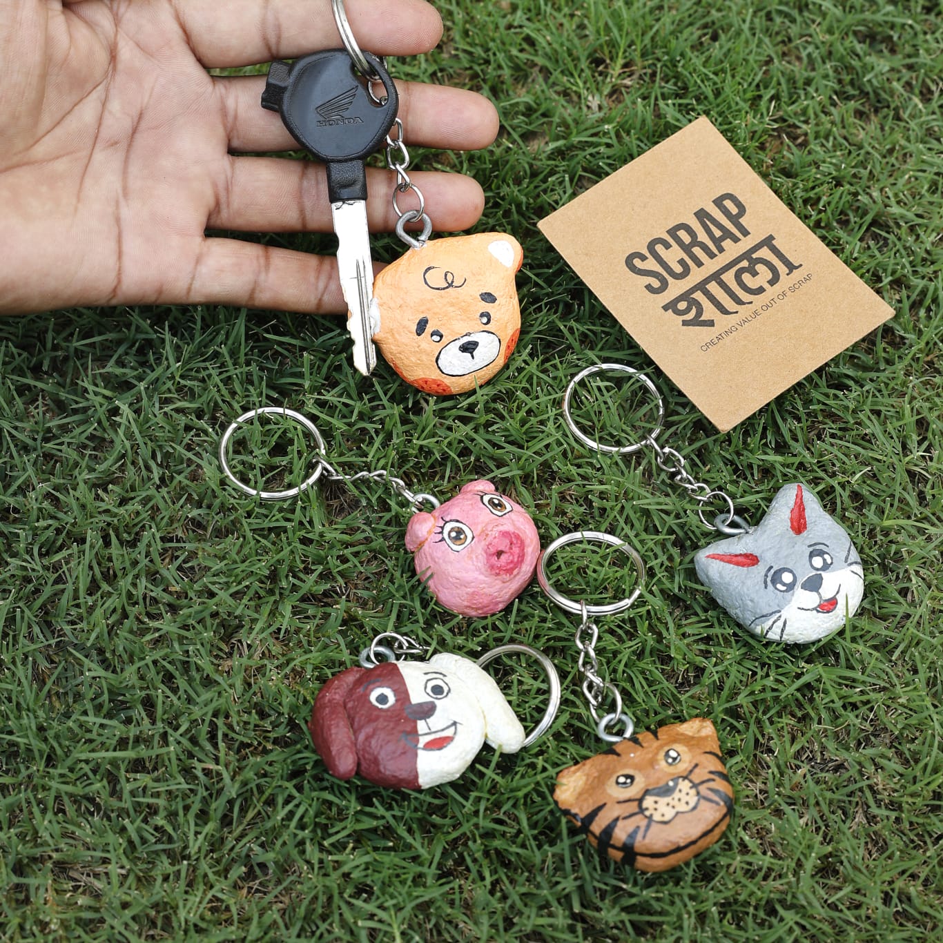 Paper Mache Key chains | Quirky Animal Designs | Earth-Friendly Gifts | Pack of 5 | Handcrafted in India
