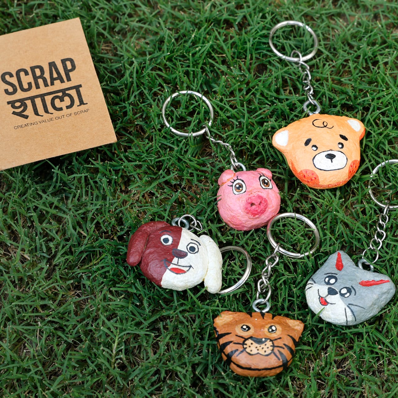 Paper Mache Animal Keychains (Set of 5) | Handmade Eco-Friendly Key Chains | Sustainable Gifts for Kids & Events | Scrapshala