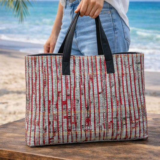 CHAMKILA Upcycled Tote Bag – Eco-Friendly Multicolor Tote Made from Single-Use Plastic Wrappers | Handcrafted by Women Artisans