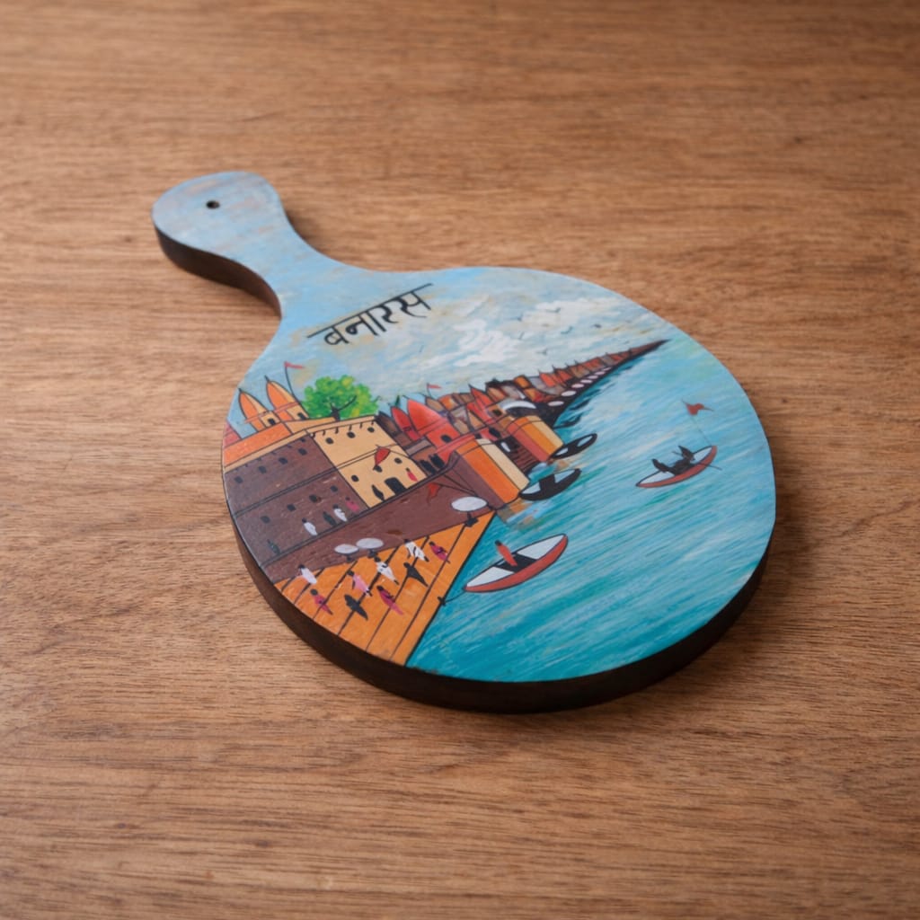 Ghats of Varanasi Handpainted Round Wooden Wall Art | Reclaimed Wood Décor