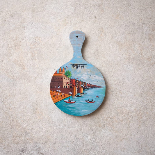 Ghats of Varanasi Handpainted Round Wooden Wall Art | Reclaimed Wood Décor
