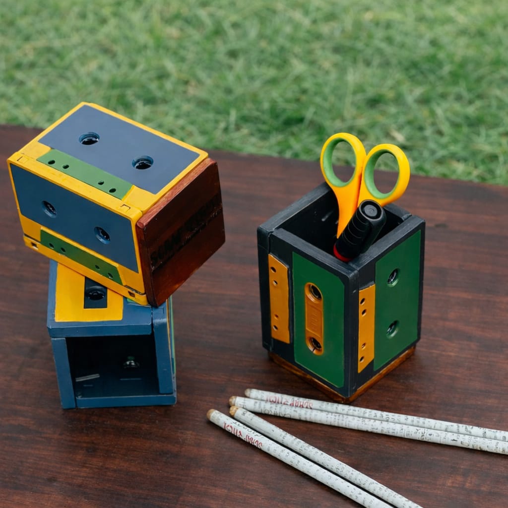 Geet Table Organizer Set of 3 | Upcycled from Audio Tapes | Eco-Friendly Handmade Desk Organizer & Pen Stand by Scrapshala