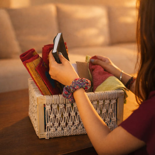 Handcrafted Macramé Storage Basket | Sustainable Home Organizer | Reclaimed Wood & Cotton | Scrapshala