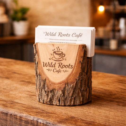 Rustic Log Card Holder | Live Edge Wooden Business Card Stand (Custom Logo Engraving Available)