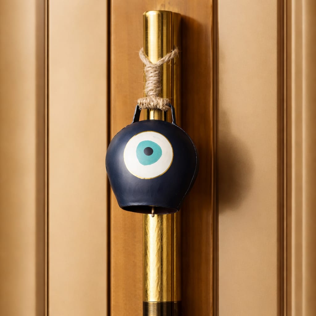 Evil Eye Cowbell Hanging | Handcrafted | Protective Wall & Door Hanging with Soothing Sound