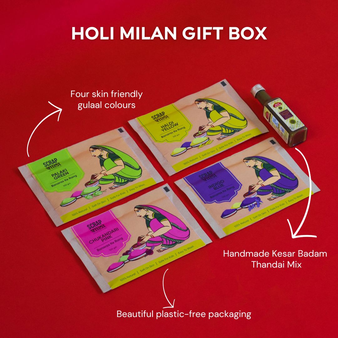 Holi Milan Gift Box | Four Packs of Natural Gulaal | Thandai Mix | Safe for Kids | Handmade in Banaras