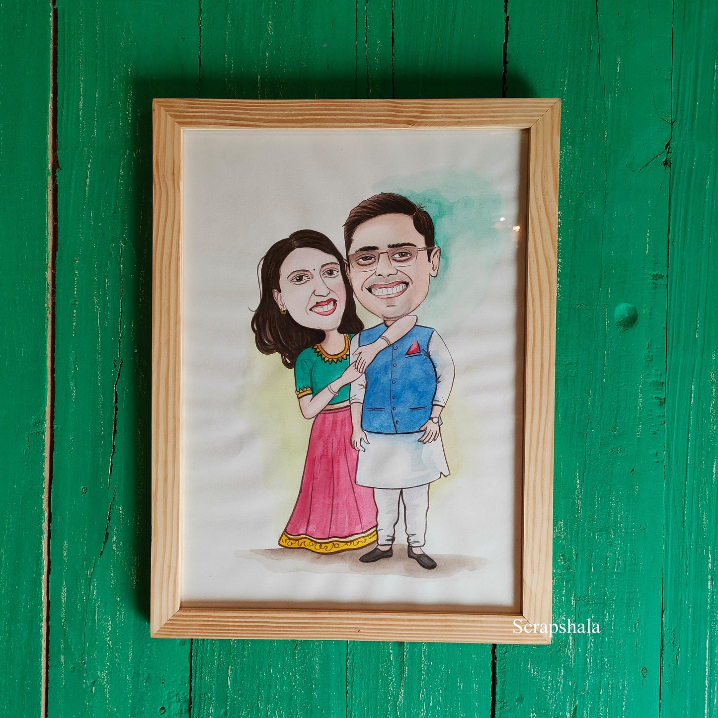 Caricature Framed Wall Hanging | Handpainted | Personalized | Natural wooden frame | Scrapshala