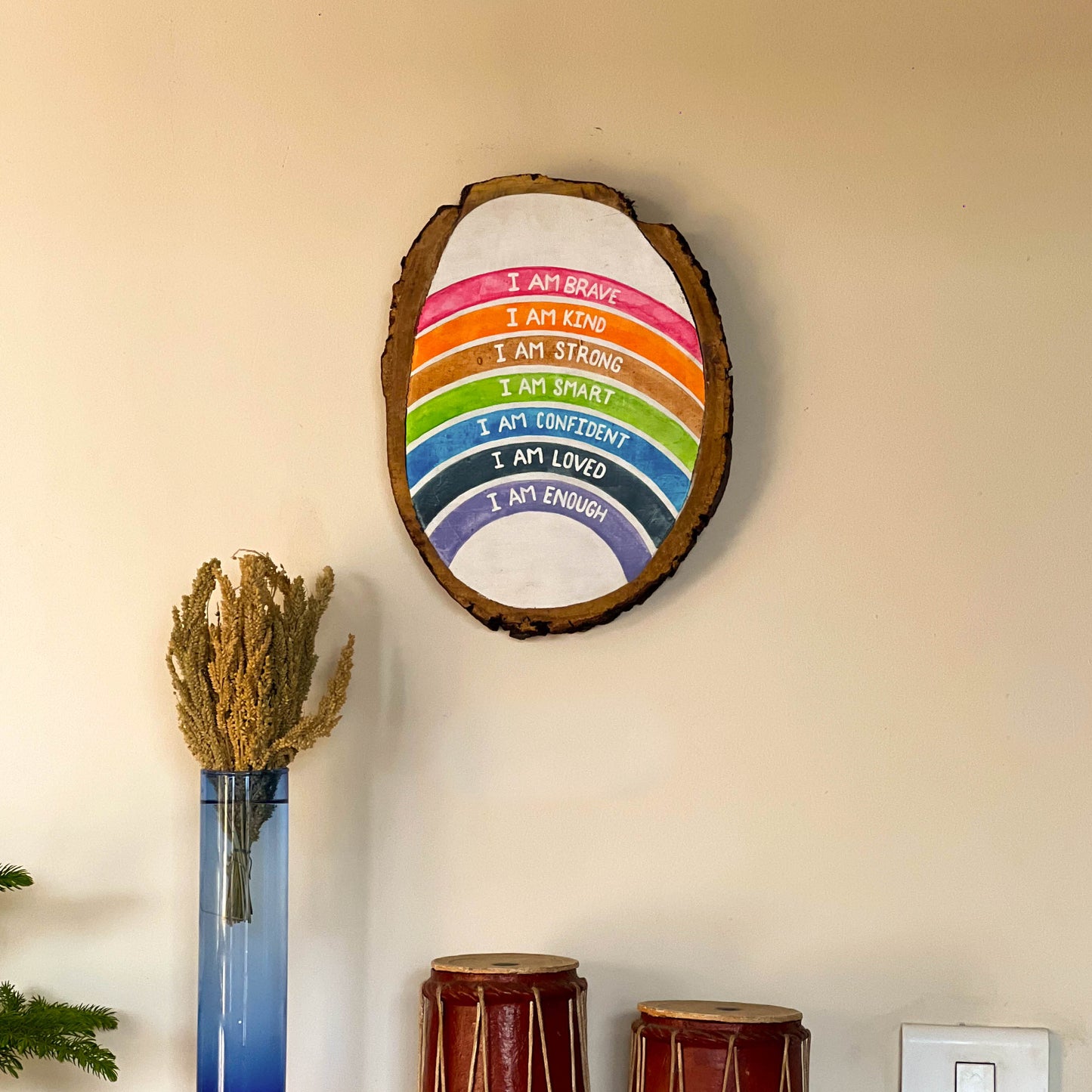 Affirmations Wooden Log Plate | Live Edge Wood | Hand-painted | Stain-proof | Upcycled | Scrapshala