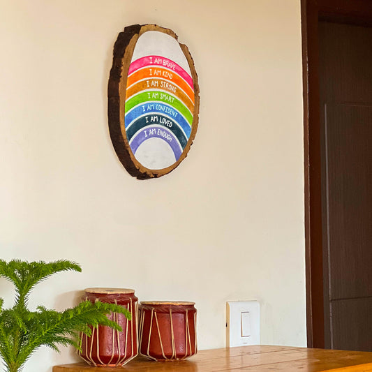 Affirmations Wooden Log Plate | Live Edge Wood | Hand-painted | Stain-proof | Upcycled  | Scrapshala