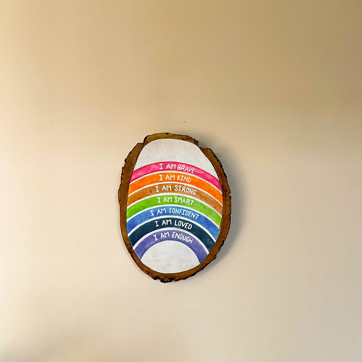Affirmations Wooden Log Plate | Live Edge Wood | Hand-painted | Stain-proof | Upcycled | Scrapshala
