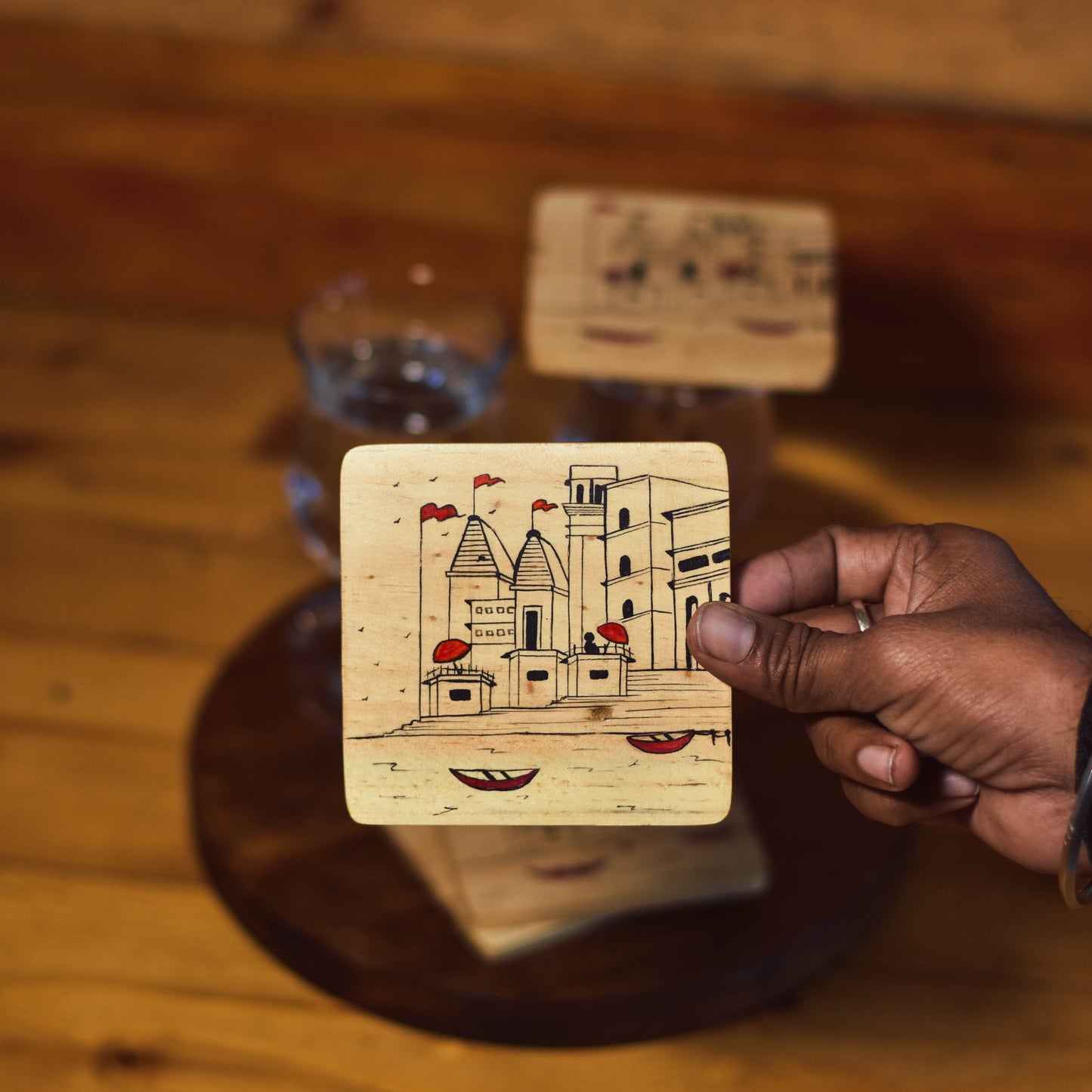 Ghats of Banaras Coaster | Pack Of 4 | Reclaimed Wood | Stain-Proof | Handcrafted | Scrapshala