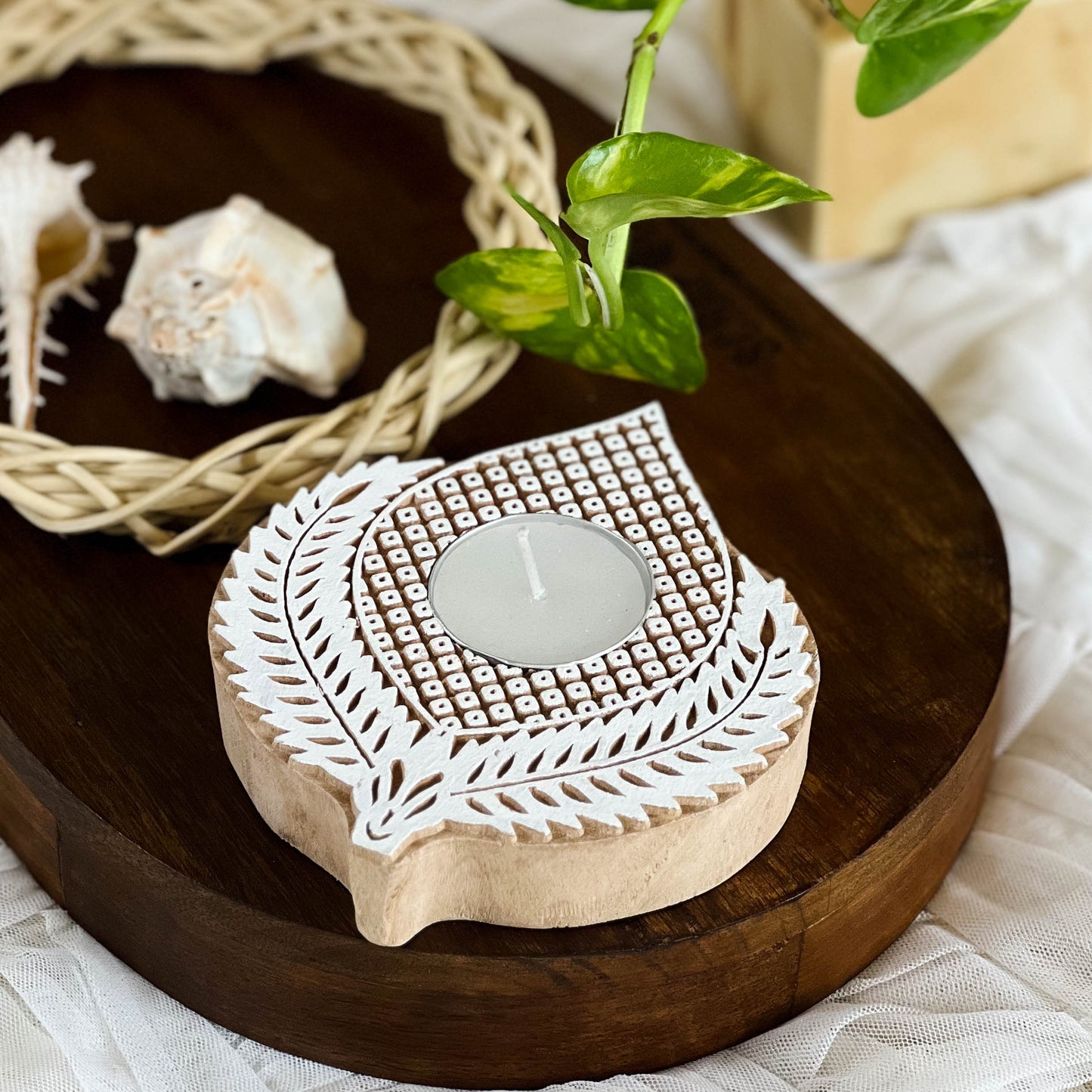 Kali Tea Light Holder | Set of 2 candle holder | Natural Wood | Handcrafted | Reusable | Made in India