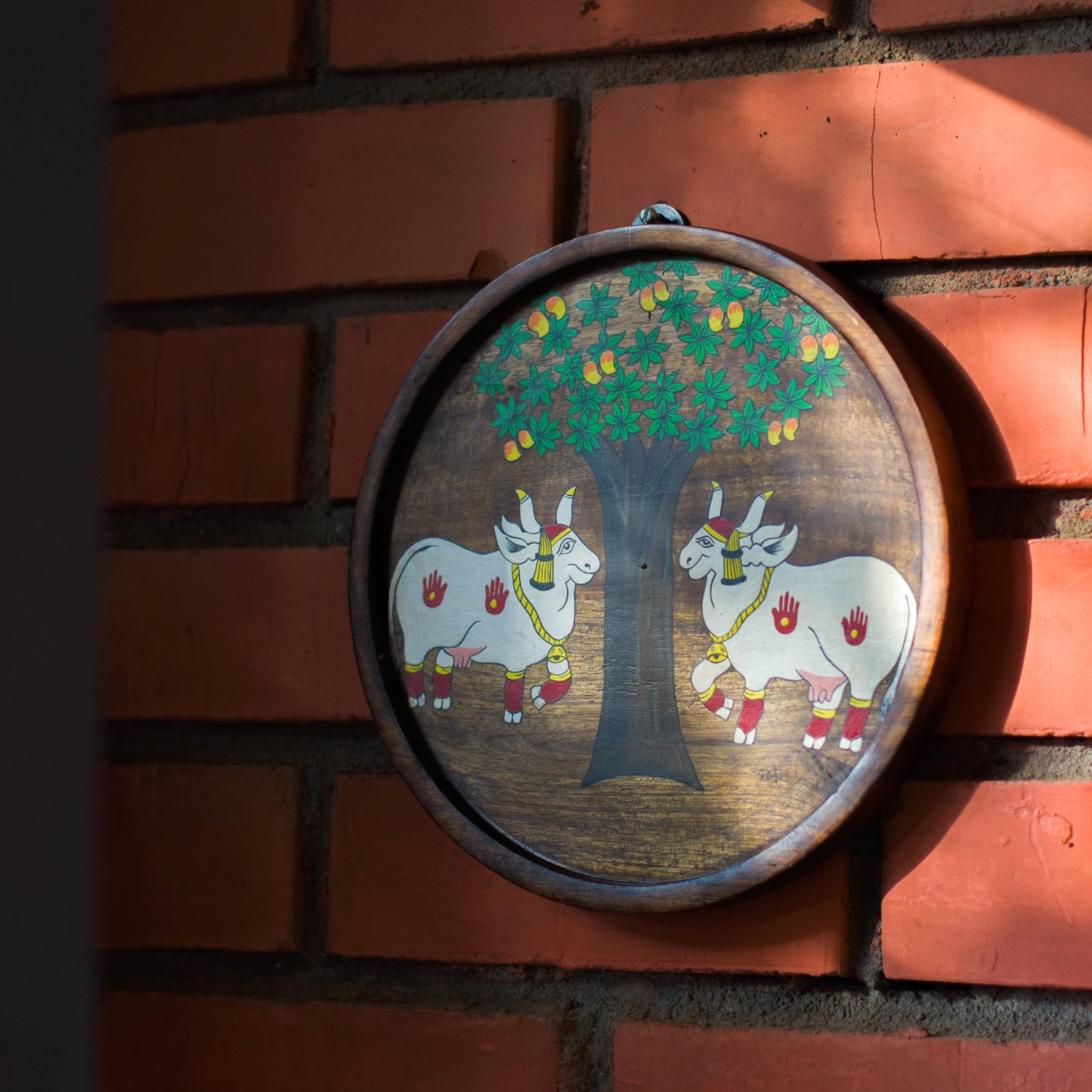 Pichwai Nandi Under the Tree Wooden Wall Plate (10 inch) | Handpainted Reclaimed Mango Wood Décor | Scrapshala