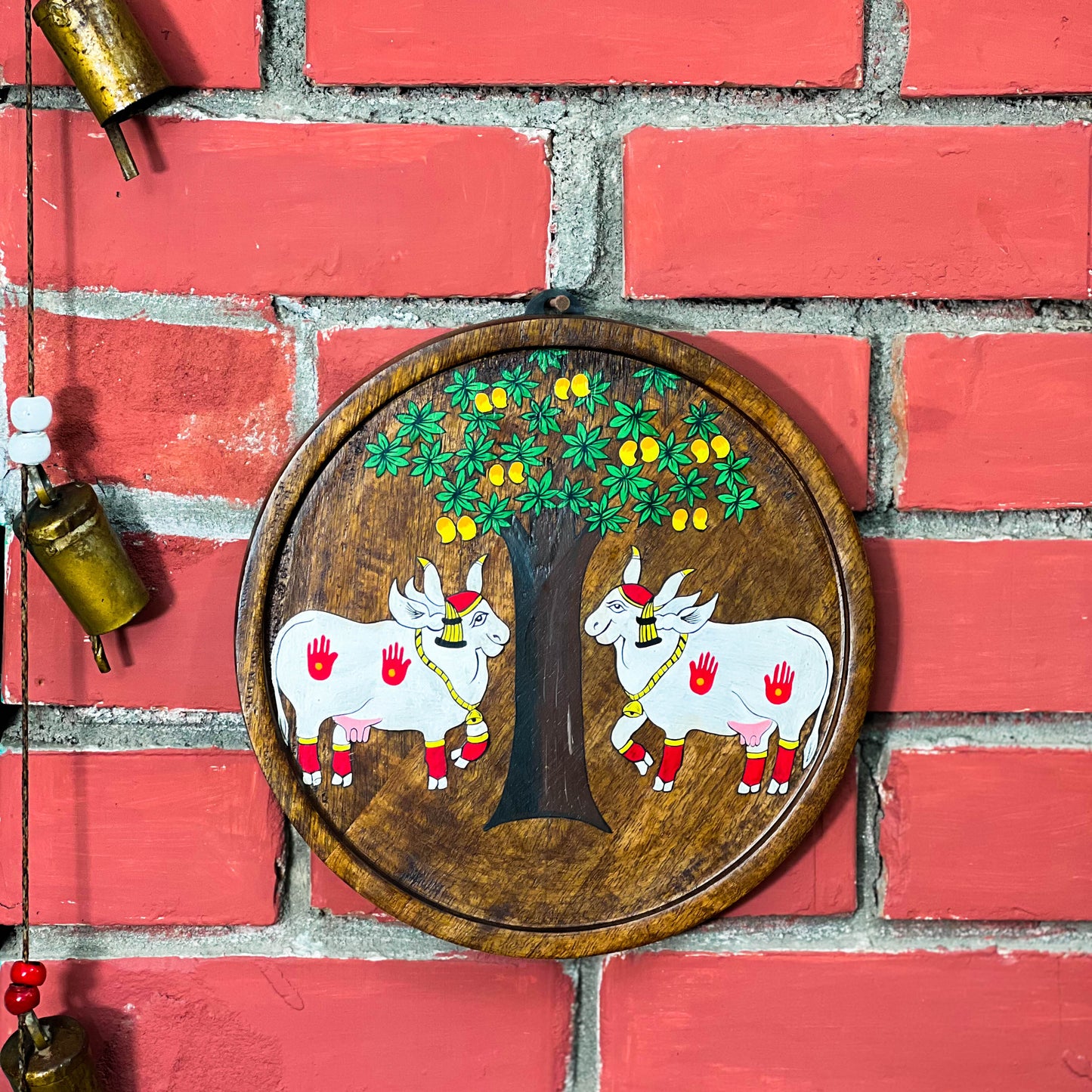 Nandi Under the Tree Wall Decor Plate | Pichwai art | Hand-painted | Reclaimed Mango Wood | Scrapshala