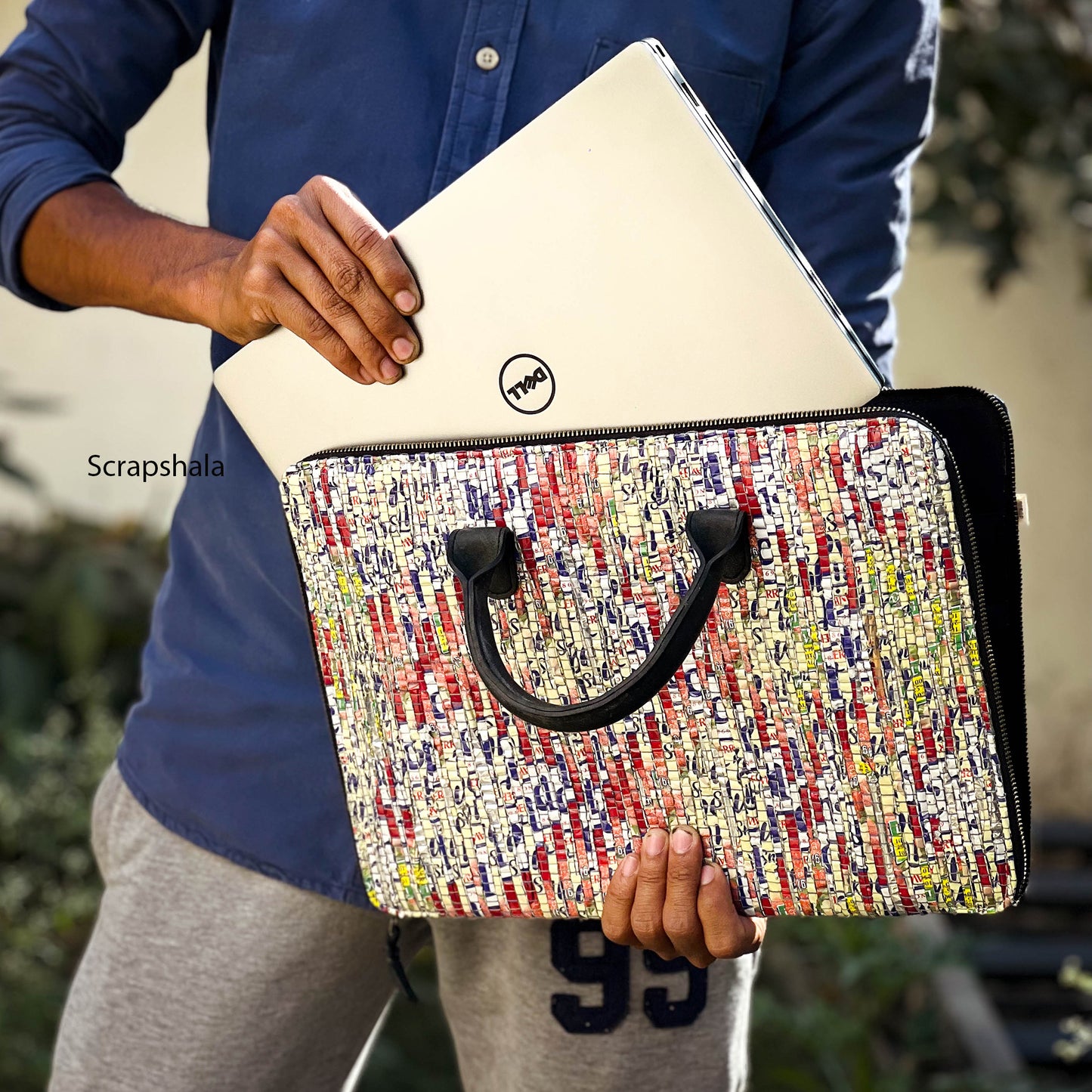 Minimalist Laptop Sleeve Bag | Upcycled Plastic | Handloom textile | Water-resistant | Scrapshala