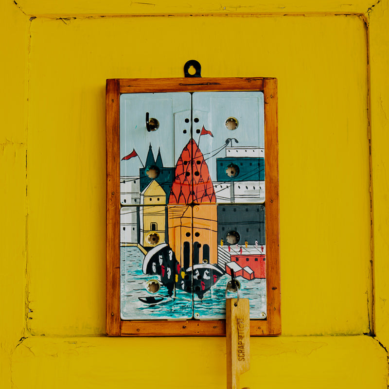 Temples of Banaras Key Holder | 2 Hooks | Handpainted | Upcycled audio cassette | Scrapshala