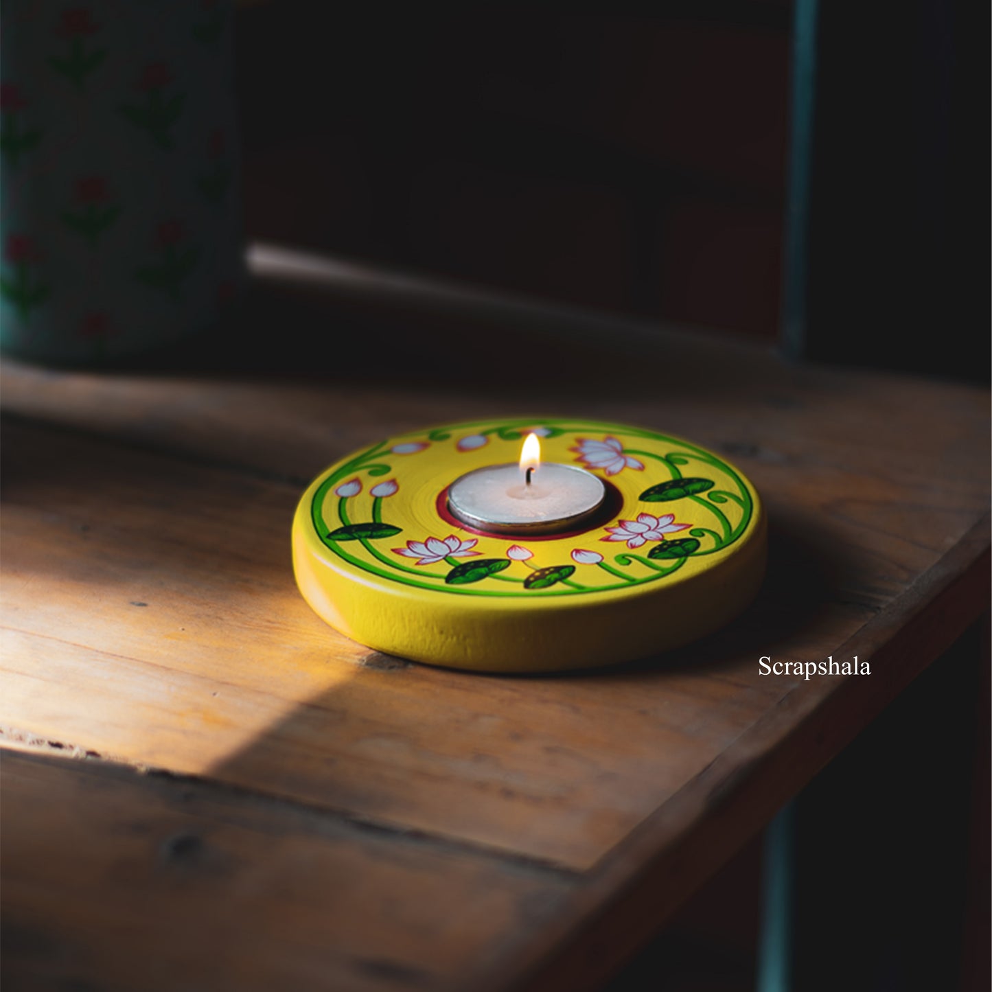 Yellow Pichwai Candle Holder | Ethnic Hand-Painted Wooden Tea Light Stand | Handcrafted Home, Hotel & Pooja Ghar Décor by Scrapshala