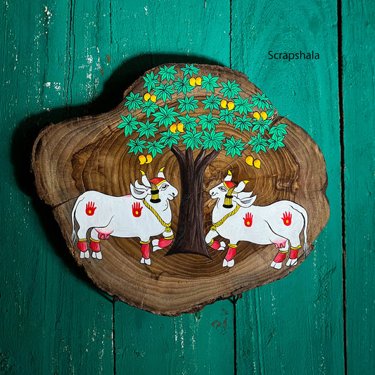 Pichwai Nandi Under the Tree Wooden Log Plate | Pichwai art | Hand-painted | Upcycled | Salvage | Scrapshala