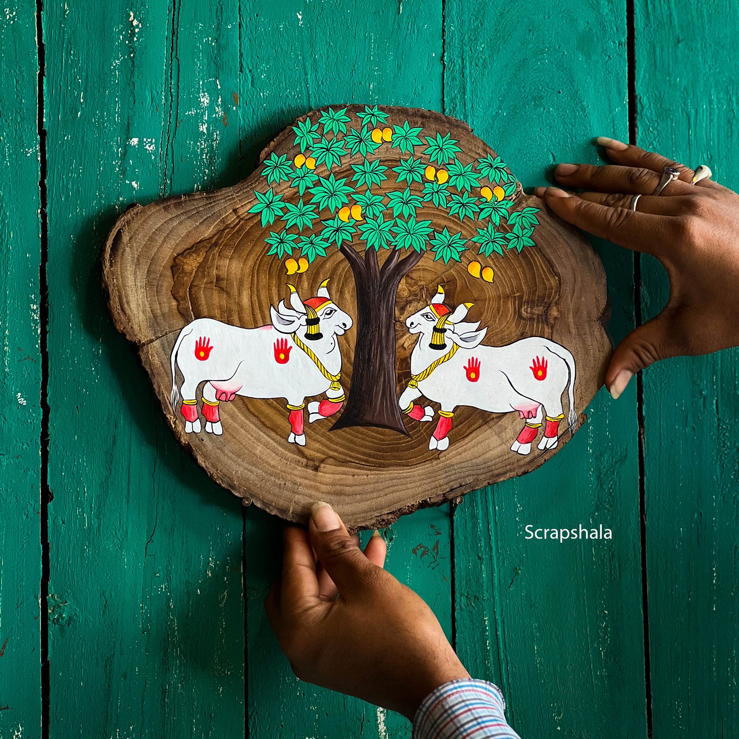 Pichwai Nandi Under the Tree Wooden Log Plate | Pichwai art | Hand-painted | Upcycled | Salvage | Scrapshala