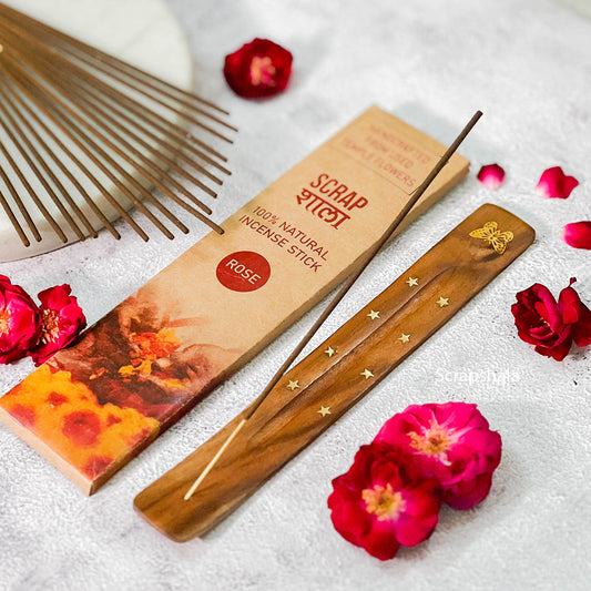 Rose Natural Incense Stick Gift Pack | Made From Temple Flowers | Chemical-free | Charcoal-free | Comes with Wooden Agarbatti Stand