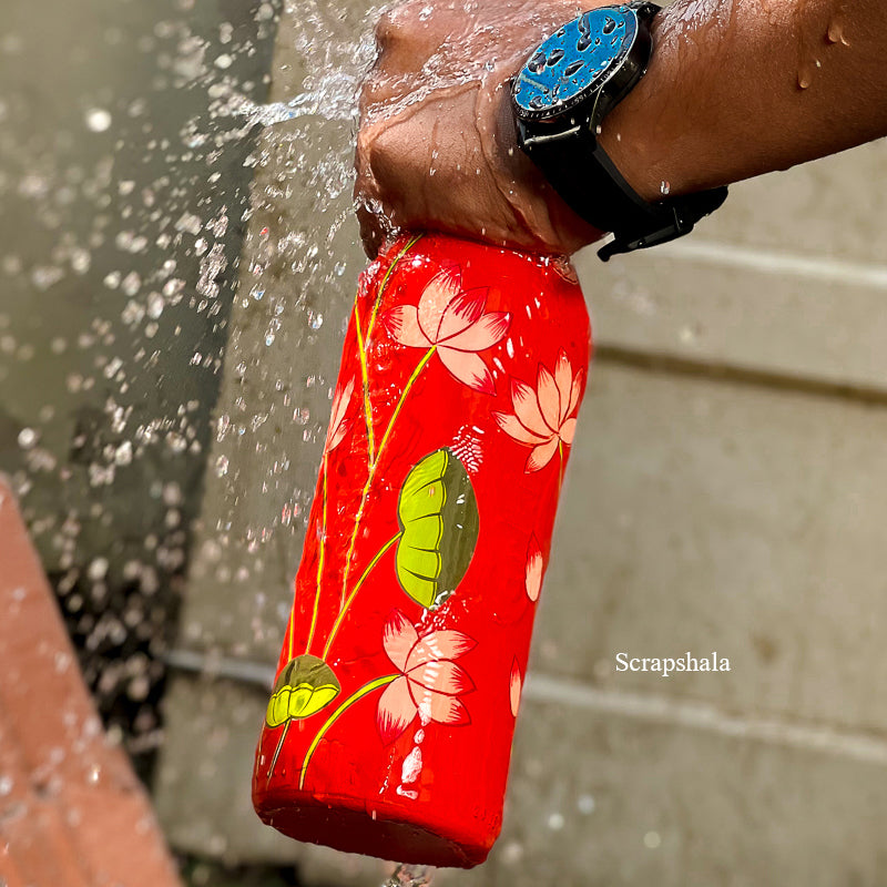 Red Pichwai Lotus Bottle | Washable with cork stopper | Hand-painted | Multipurpose | Scrapshala